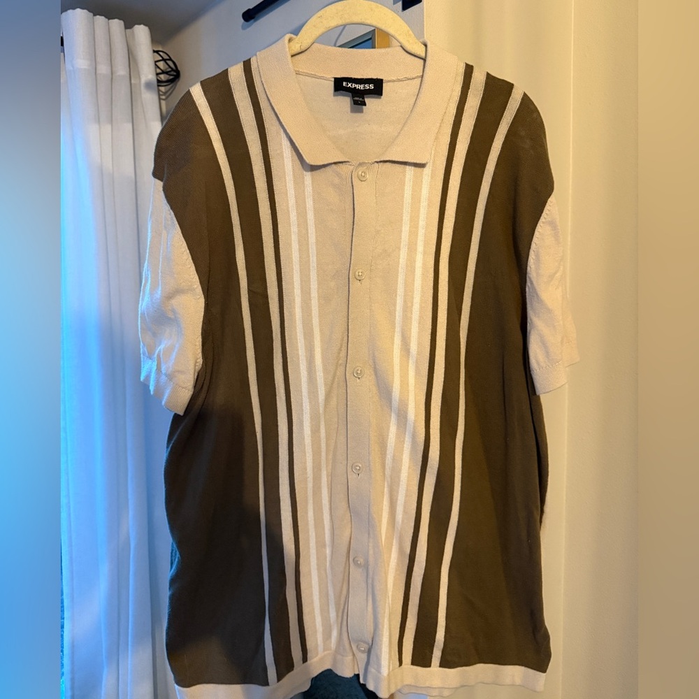 Brown and white striped short sleeve button up